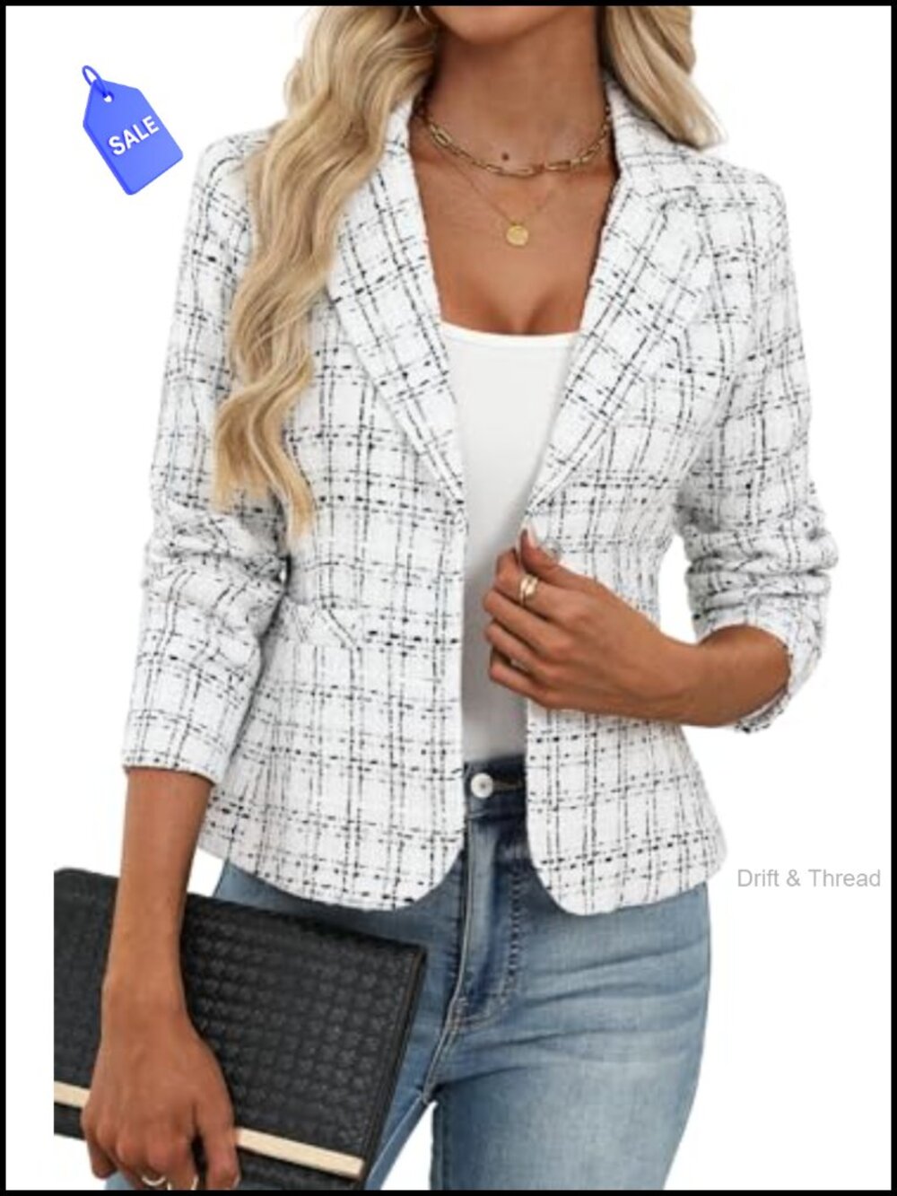Tweed Blazer Long Sleeve Two Button Notch Lapel Business Casual